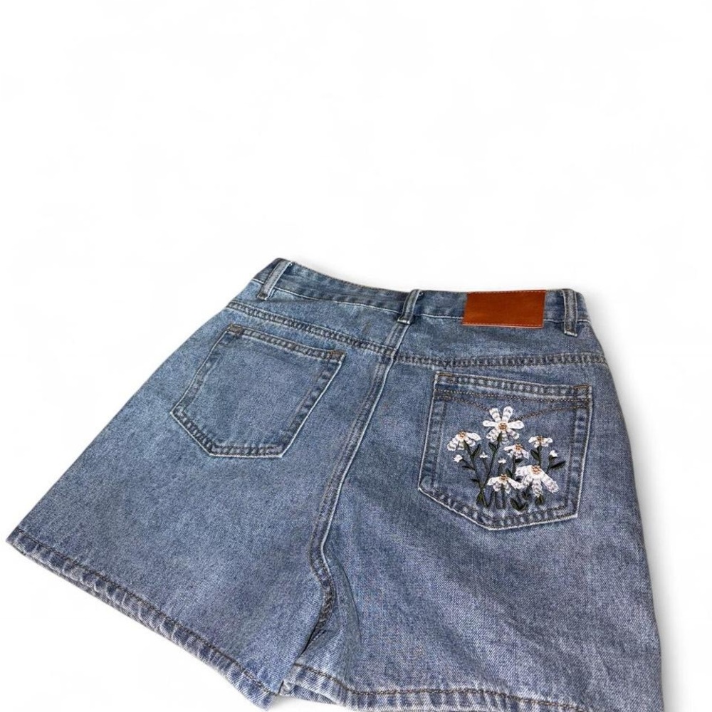 Embroidered Denim Shorts | High-Waisted Blue Jean Shorts with Floral Design